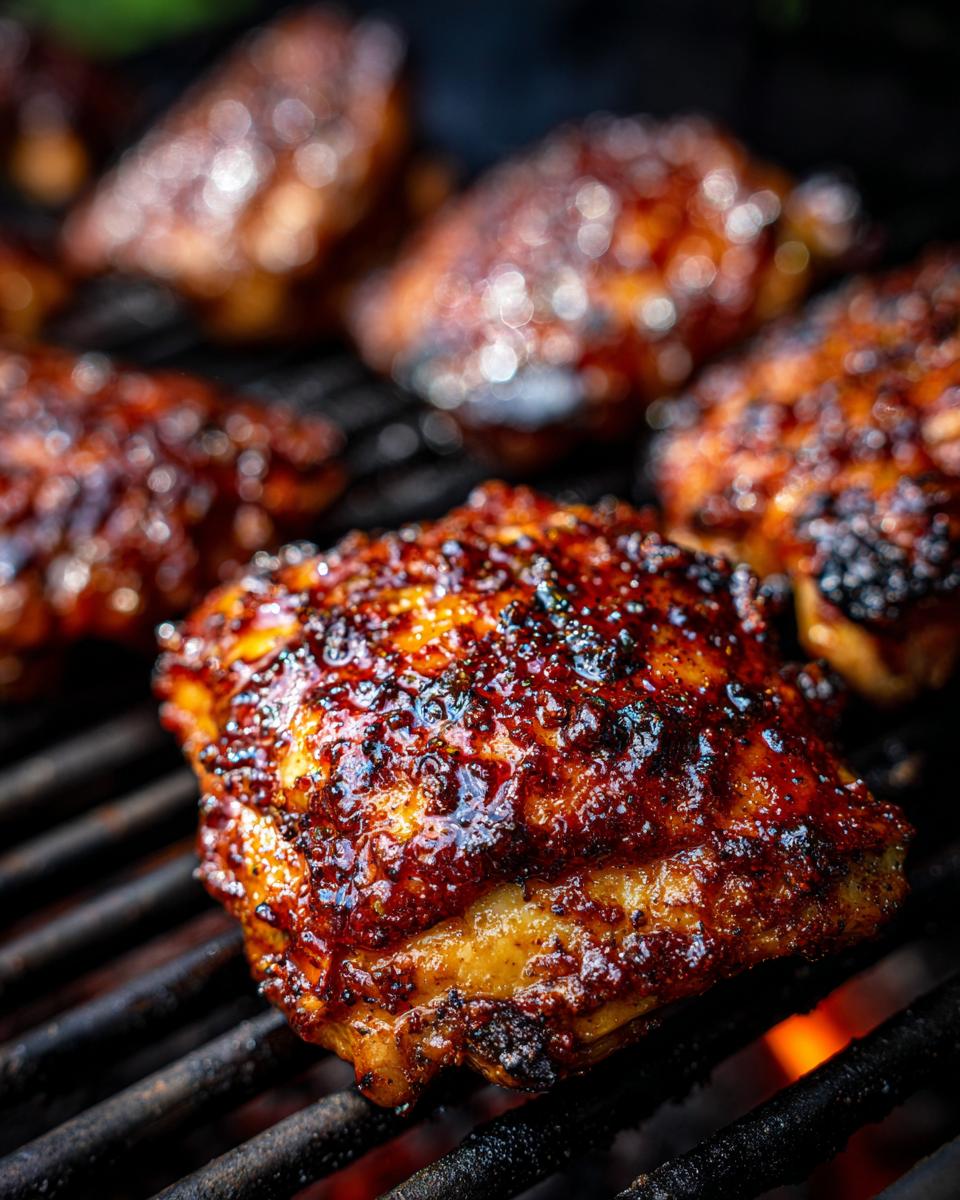 Juicy Smoky Grilled BBQ Chicken Thighs Summer 4 Close-up of juicy, smoky grilled BBQ chicken thighs with a glistening glaze on a grill.