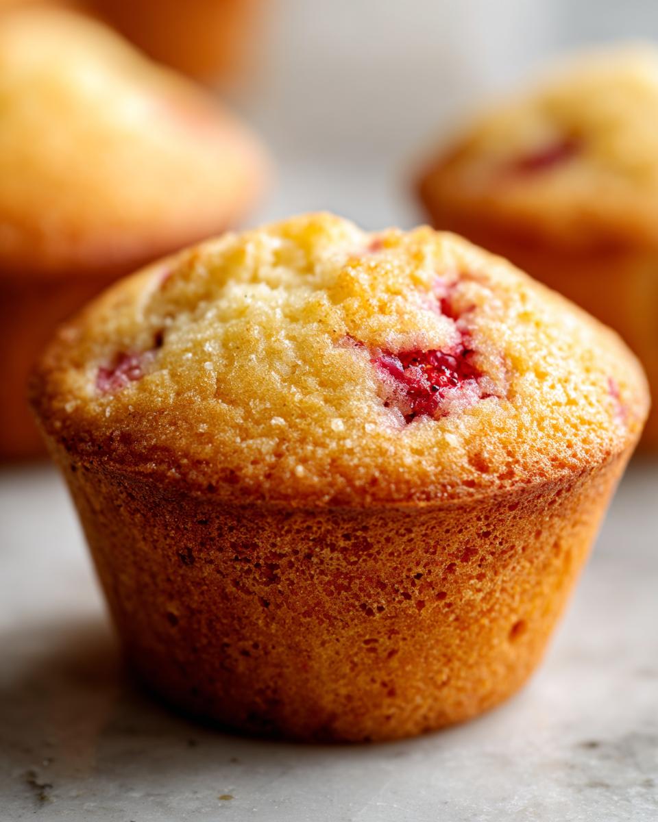 Juicy Strawberry Muffins: 40 Min Masterpiece 5 Close-up of a fluffy strawberry muffin, showing visible pieces of juicy strawberries within the golden-brown cake.
