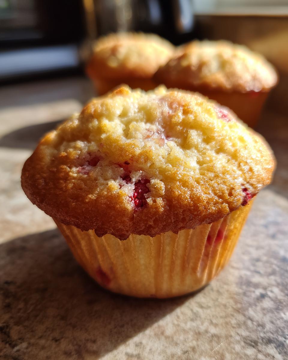 Juicy Strawberry Muffins: 40 Min Masterpiece 4 Close-up of a fluffy Strawberry Muffin with visible juicy strawberry pieces baked inside.