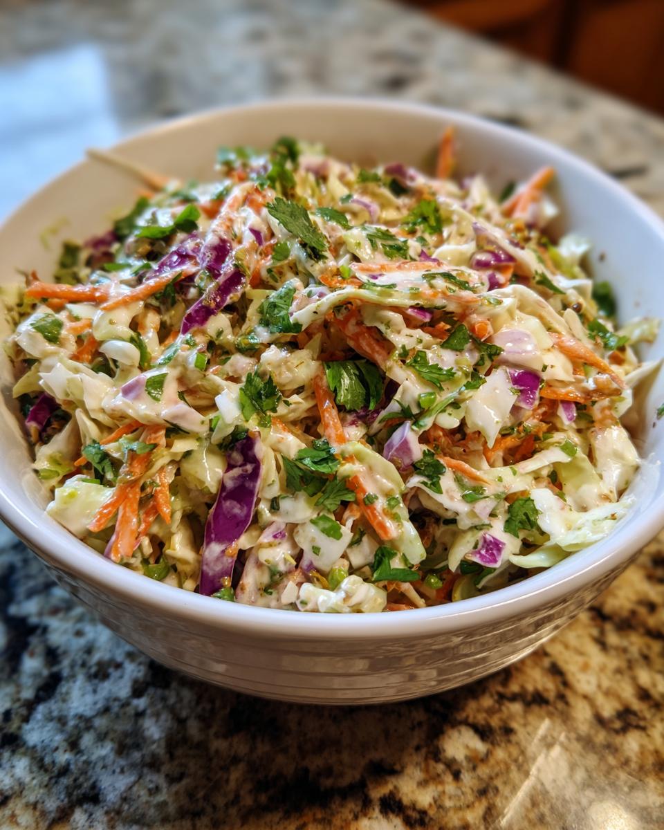 Mexican Coleslaw: 15-Min Crunchy & Zesty Delight 4 A close-up of a bowl filled with vibrant Mexican Coleslaw, featuring shredded cabbage, carrots, red onion, and cilantro.