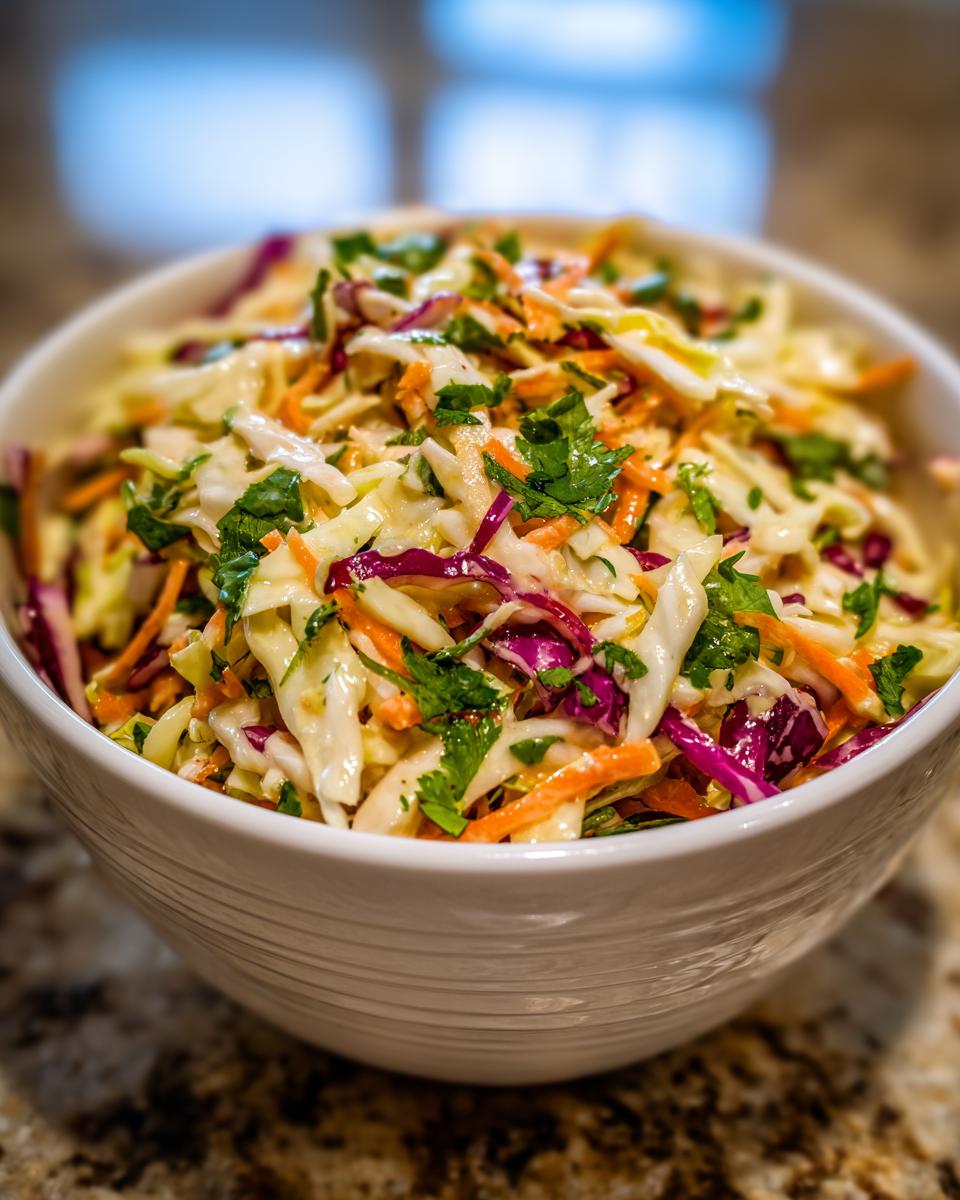 Mexican Coleslaw: 15-Min Crunchy & Zesty Delight 5 A close-up of a white bowl filled with vibrant Mexican Coleslaw, featuring shredded cabbage, carrots, and cilantro.