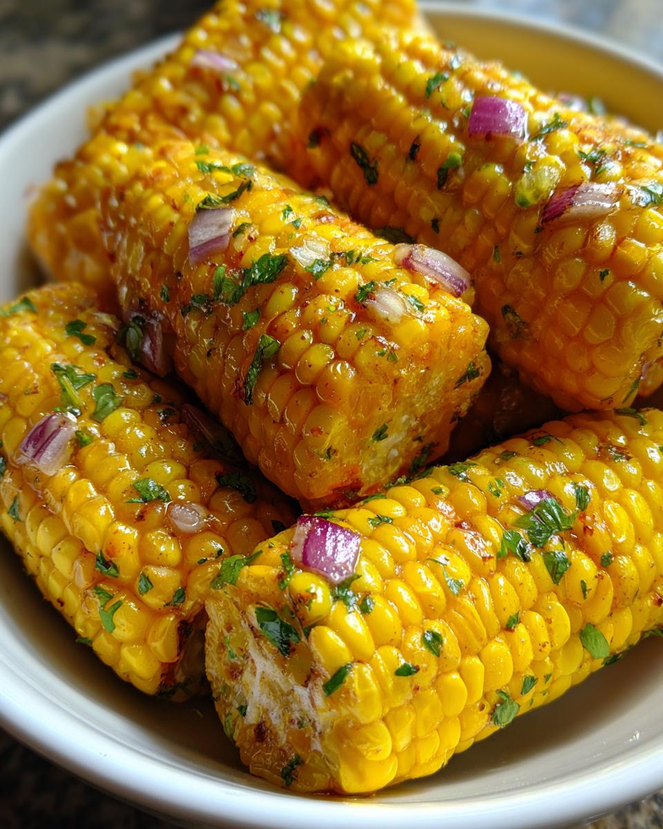 Mexican Corn Flavor Packed Summer Delight: Quick & Zesty 5 Close-up of cooked corn on the cob with Mexican Corn Flavor, topped with chopped red onion and cilantro.