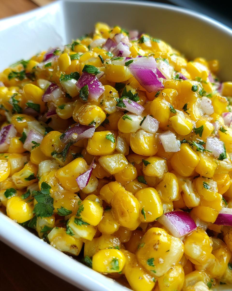 Mexican Corn Flavor Packed Summer Delight: Quick & Zesty 4 Close-up of a bowl filled with Mexican Corn Flavor Packed Summer Delight, featuring corn kernels, red onion, and cilantro.