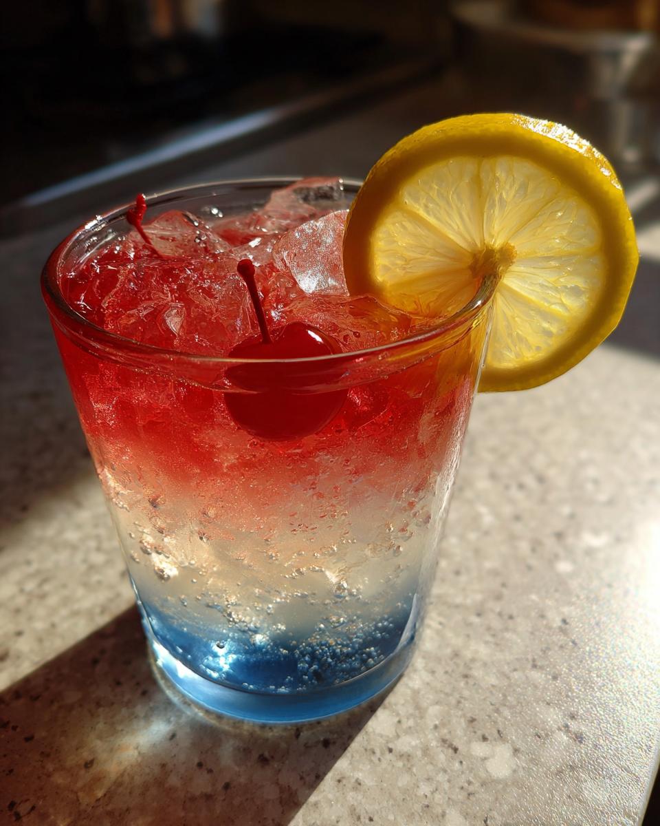 Patriotic Layered Lemonade: Joyful Holiday Drink 5 A Patriotic Layered Lemonade Refreshing Holiday Drink with red, white, and blue layers, garnished with a lemon slice and cherries.