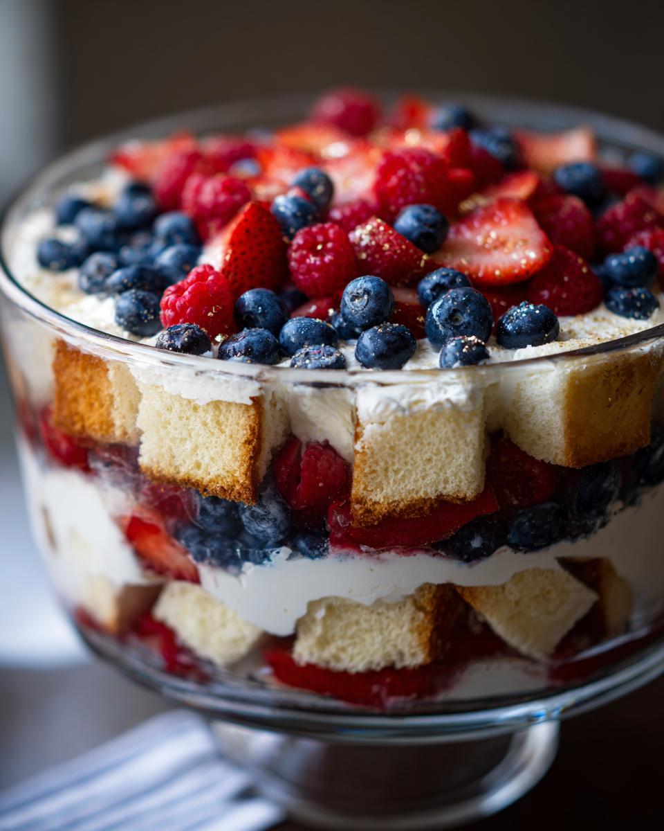 Patriotic Red White and Blue Berry Trifle: Easy Showstopper 5 Close-up of a Patriotic Red White and Blue Berry Trifle, showcasing layers of cake, cream, strawberries, raspberries, and blueberries.