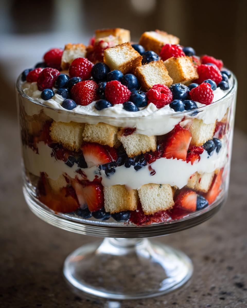 Patriotic Red White and Blue Berry Trifle: Easy Showstopper 4 A layered Patriotic Red White and Blue Berry Trifle in a glass bowl, featuring cake, whipped cream, strawberries, blueberries, and raspberries.