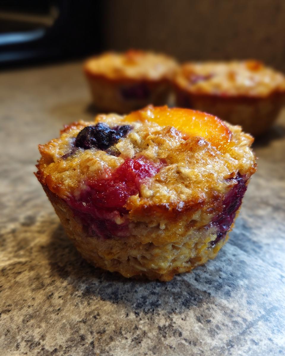 Healthy Peach Blueberry Oatmeal Cups: Summer's Best 5 Close-up of a healthy Peach Blueberry Oatmeal Cup, showcasing baked oats with fresh peach slices and blueberries.