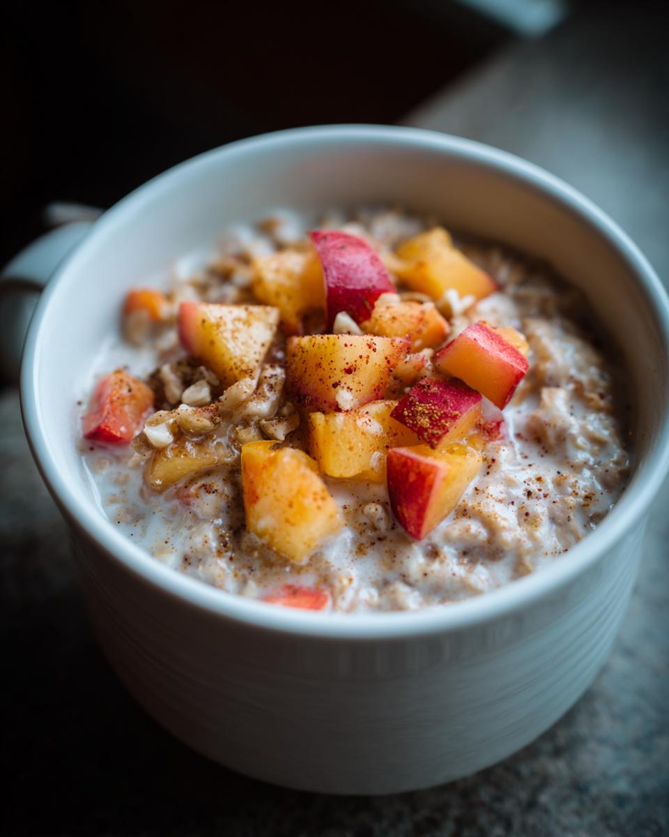 Peach Cardamom Overnight Oats: Delicious Summer Breakfast 4 Close-up of Peach Cardamom Overnight Oats Healthy Summer Breakfast in a white bowl, topped with fresh peach slices and a sprinkle of cinnamon.