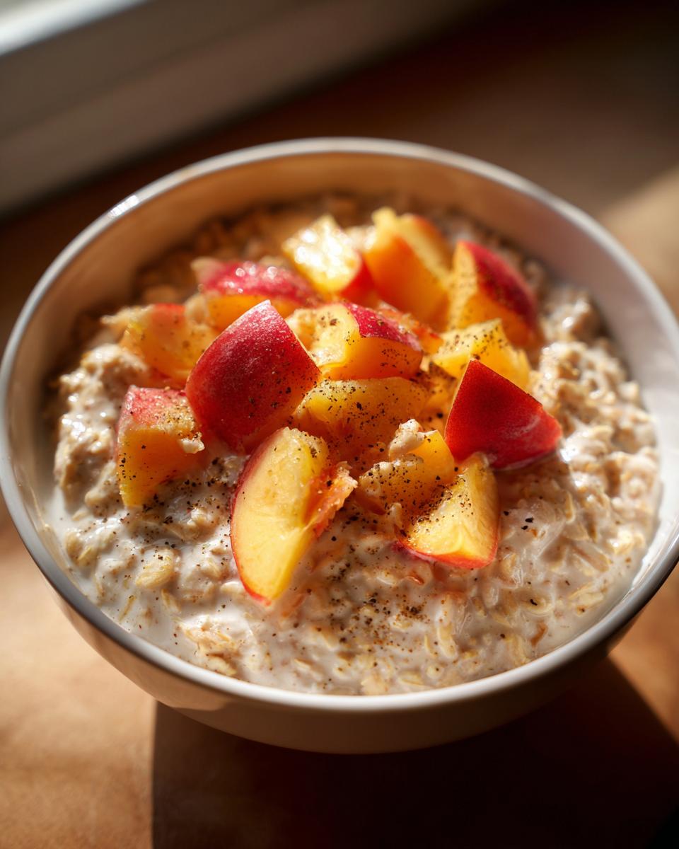 Peach Cardamom Overnight Oats: Delicious Summer Breakfast 5 Close-up of Peach Cardamom Overnight Oats Healthy Summer Breakfast, topped with fresh peach slices and a sprinkle of spice.