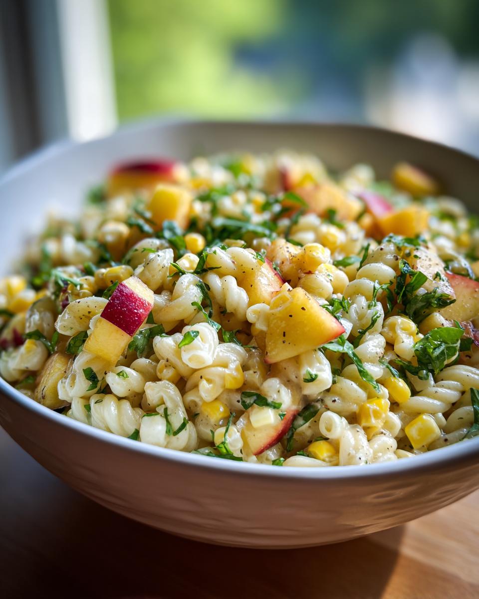 Sweet Peach Corn Arugula Pasta Salad Bliss 5 Close-up of a bowl filled with Peach Corn Arugula Pasta Salad, featuring pasta, corn, diced peaches, and fresh herbs.