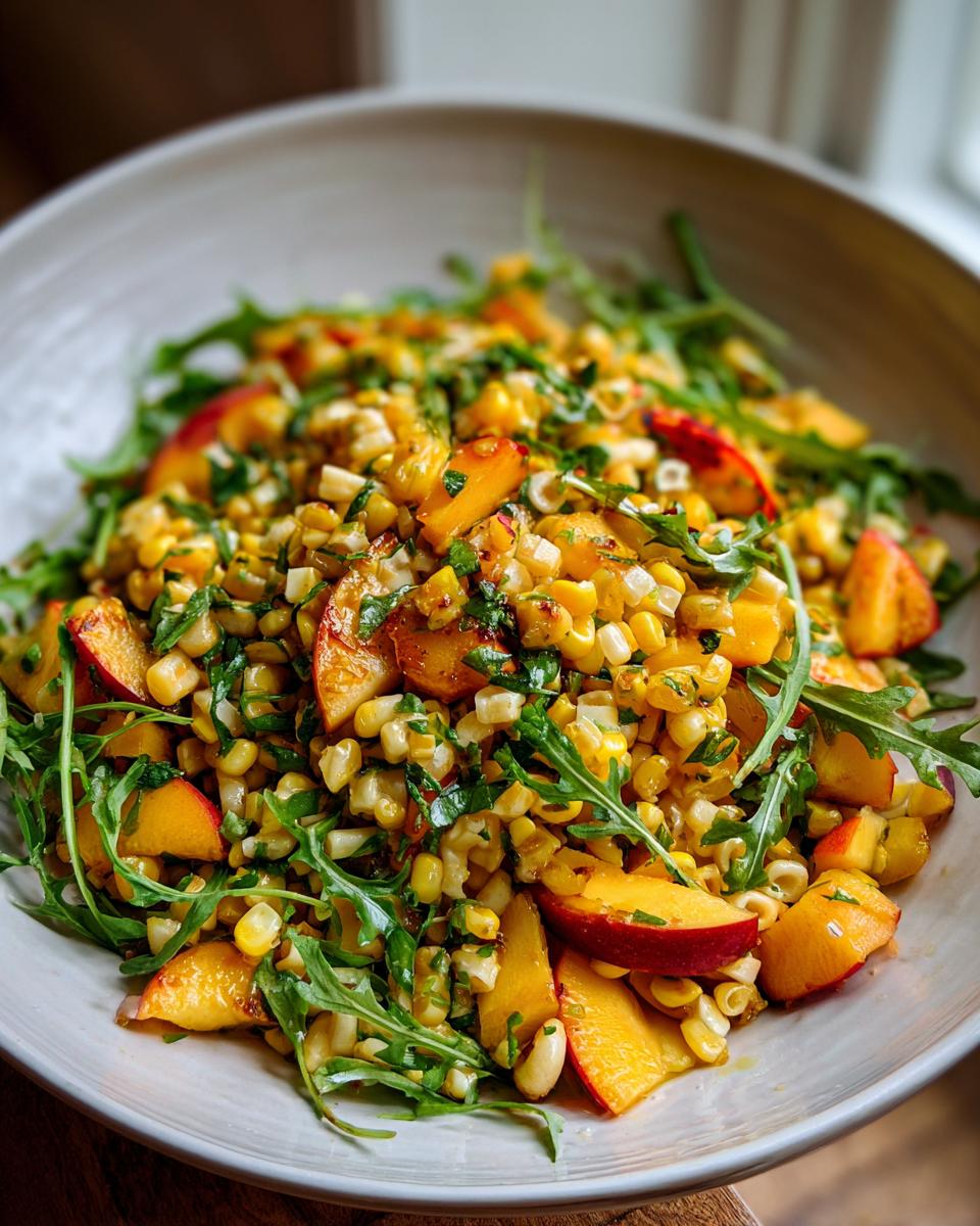 Sweet Peach Corn Arugula Pasta Salad Bliss 4 Close-up of a vibrant Peach Corn Arugula Pasta Salad, showcasing sweet corn kernels, sliced peaches, and peppery arugula.