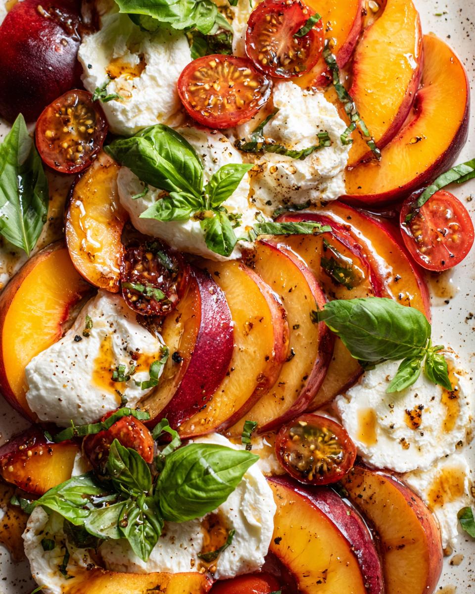 Peach Tomato Burrata Salad: 15 Min Delight 4 A vibrant Peach Tomato Burrata Salad with fresh basil and drizzled with hot honey sauce.