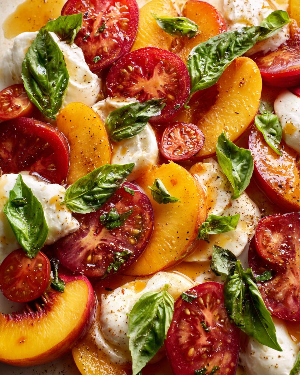 Peach Tomato Burrata Salad: 15 Min Delight 5 Close-up of a vibrant Peach Tomato Burrata Salad with fresh basil and a drizzle of hot honey sauce.