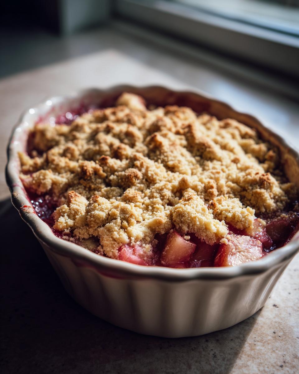 Rhubarb Crumble: A Sweet Nostalgic Treat 4 A close-up view of a freshly baked Rhubarb Crumble in an oval baking dish, showcasing the golden-brown crumble topping over tart rhubarb filling.