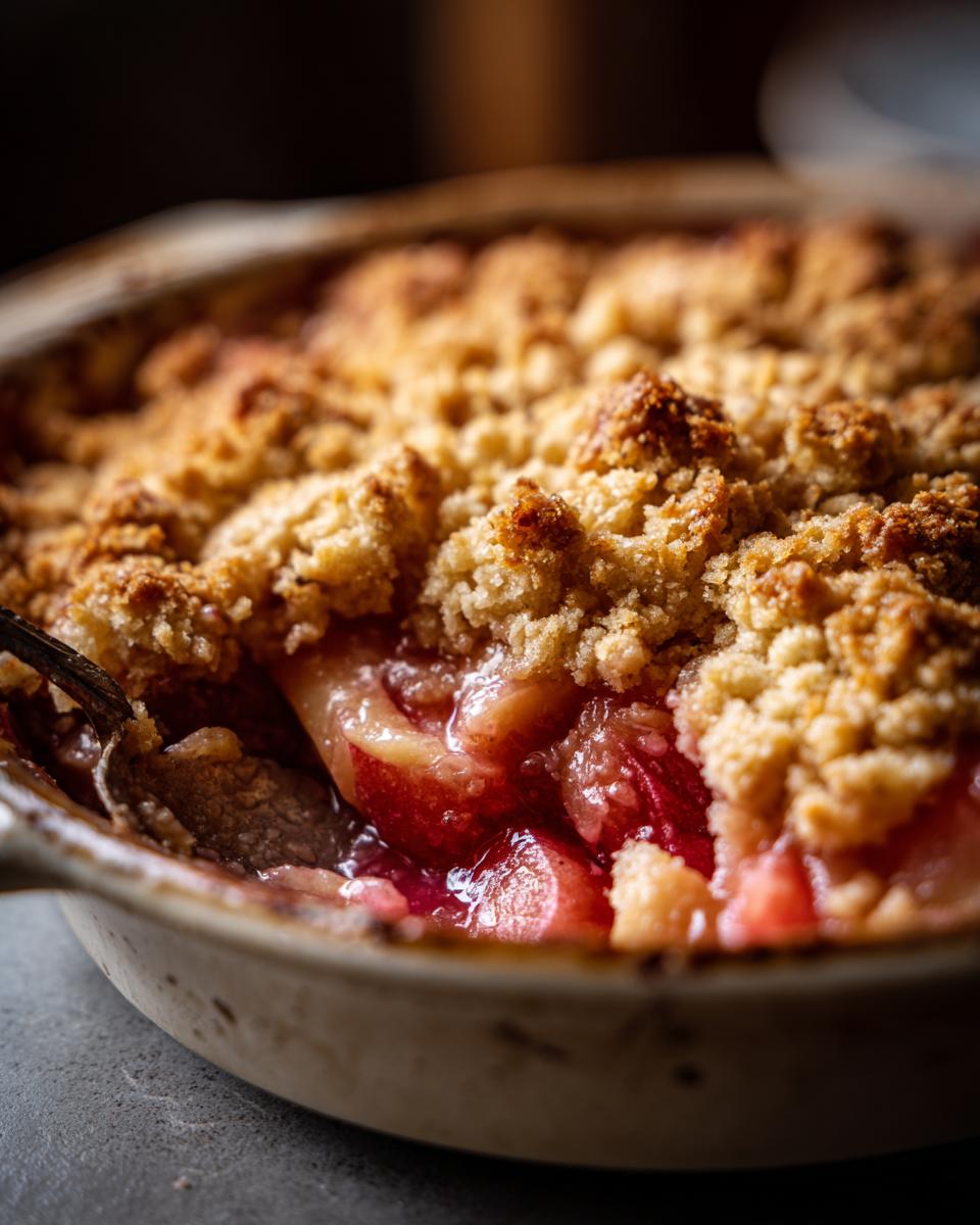 Rhubarb Crumble: A Sweet Nostalgic Treat 5 Close-up of a spoonful of warm Rhubarb Crumble, showing the tender fruit and golden, crumbly topping.
