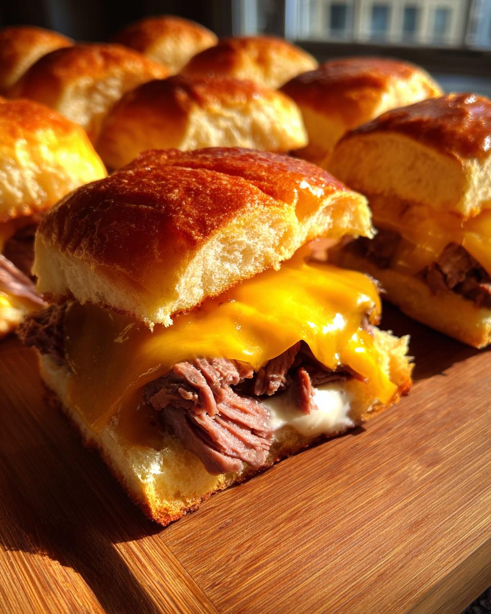 Roast Beef Sliders: Gooey Flavor Bliss 4 Close-up of a delicious Roast Beef and Cheese Slider, showcasing tender roast beef and melted cheese on a soft bun.