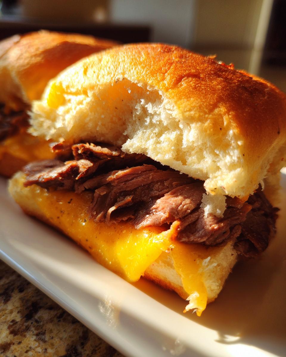 Roast Beef Sliders: Gooey Flavor Bliss 5 Close-up of a delicious Roast Beef and Cheese Slider, showcasing gooey melted cheese and tender roast beef on a soft bun.