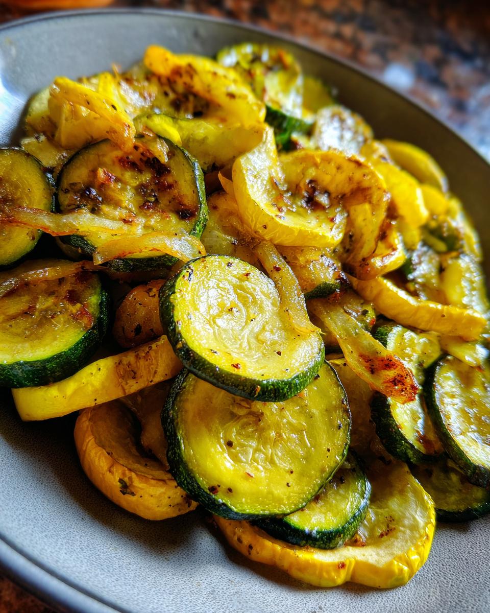 Roasted Zucchini and Squash: Simple Savory Side 5 Close-up of a bowl filled with sliced roasted zucchini and yellow squash, seasoned with spices.
