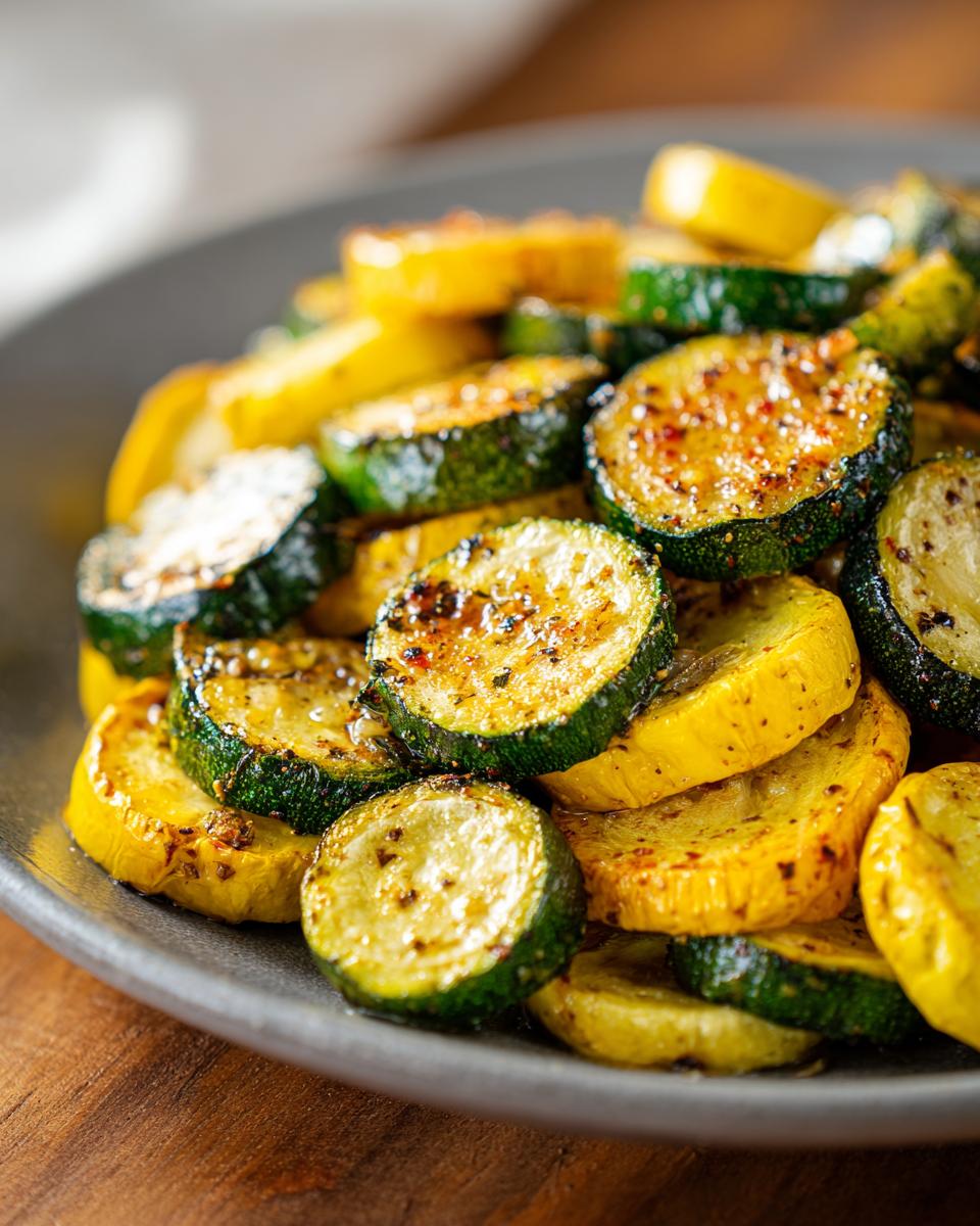 Roasted Zucchini and Squash: Simple Savory Side 4 Close-up of a pile of roasted zucchini and squash slices seasoned with herbs and spices.