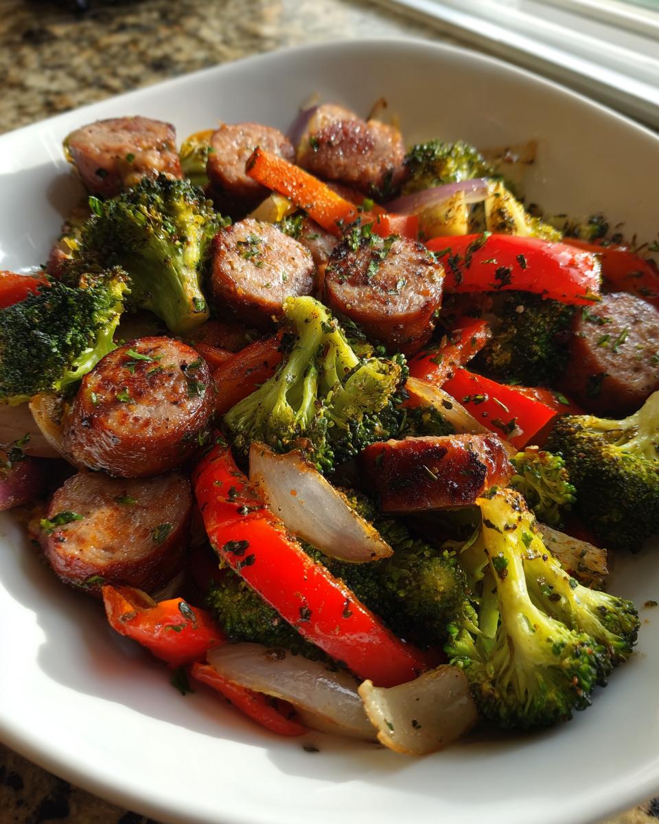 Sausage and Veggies One Pan: Quick, Flavorful Dinner 4 Close-up of a white bowl filled with a colorful mix of sausage and veggies one pan, featuring sliced sausage, broccoli, red bell peppers, and onions.