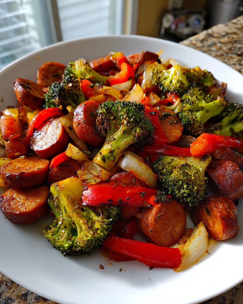 Sausage and Veggies One Pan: Quick, Flavorful Dinner 5 A close-up of a white bowl filled with a colorful Sausage and Veggies One Pan meal, featuring roasted broccoli, red peppers, onions, and sliced sausage.
