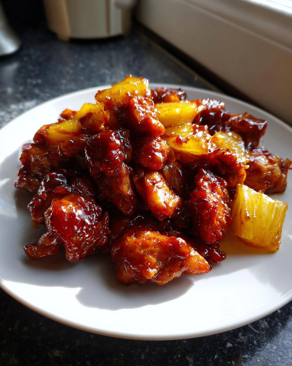 Sheet Pan BBQ Pineapple Chicken: Easy Weeknight Delight 5 Close-up of juicy Sheet Pan BBQ Pineapple Chicken pieces coated in a glossy sauce, served on a white plate.