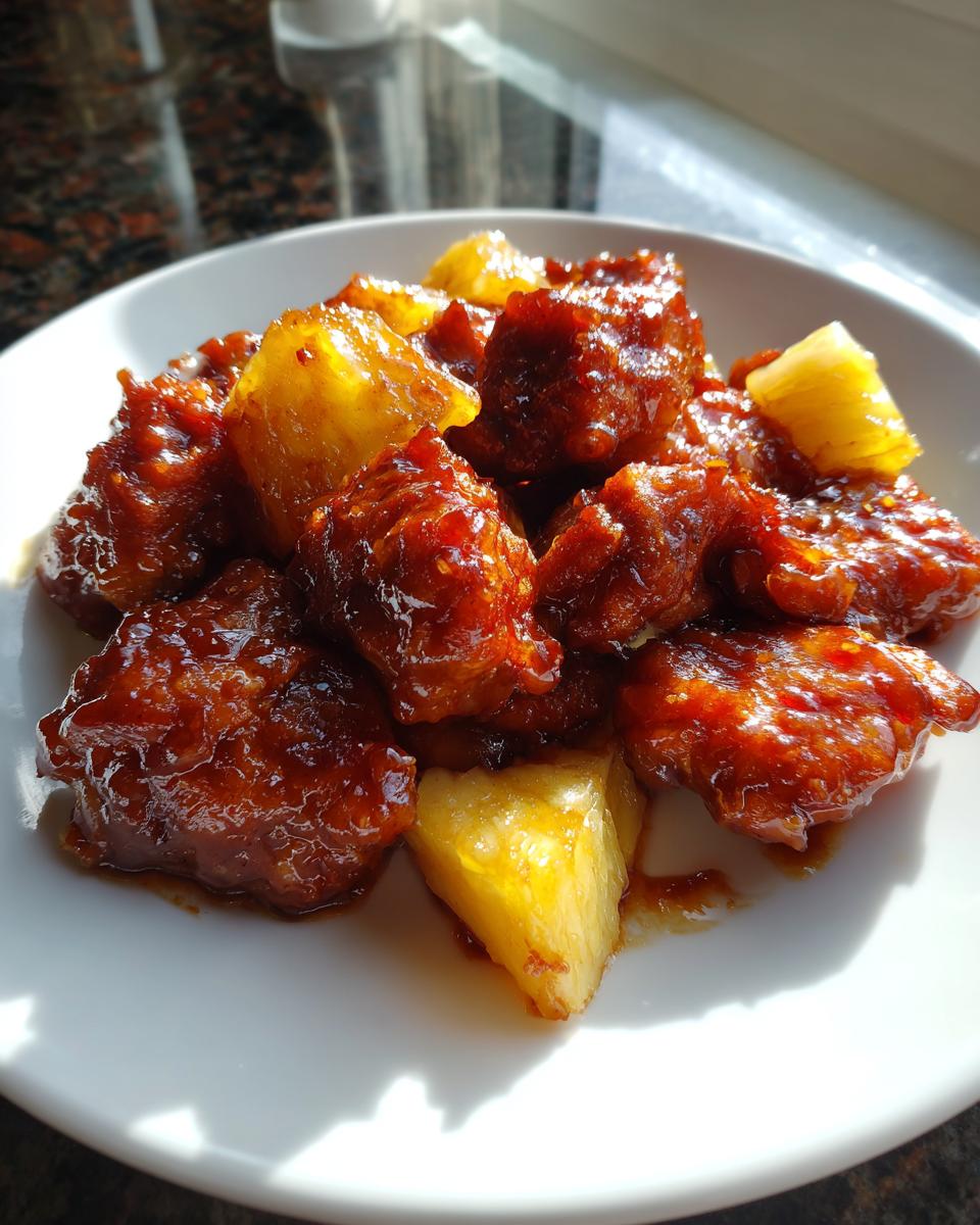 Sheet Pan BBQ Pineapple Chicken: Easy Weeknight Delight 4 Close-up of juicy chicken pieces coated in BBQ sauce with chunks of pineapple on a white plate.
