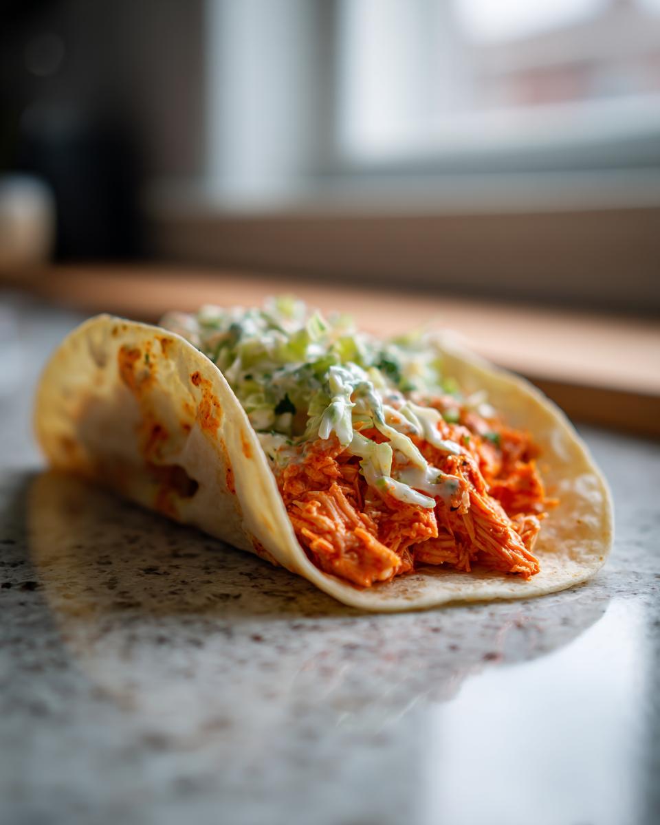 Smashed Buffalo Chicken Tacos: Bold Flavor 4 A close-up of a Smashed Buffalo Chicken Taco filled with shredded chicken and topped with creamy ranch slaw.