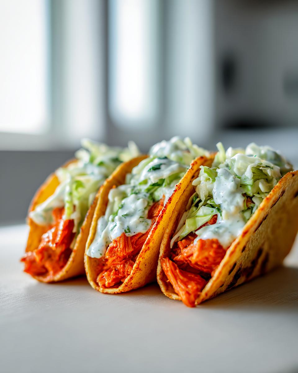 Smashed Buffalo Chicken Tacos: Bold Flavor 5 Three Smashed Buffalo Chicken Tacos generously filled with shredded chicken and topped with creamy ranch slaw.