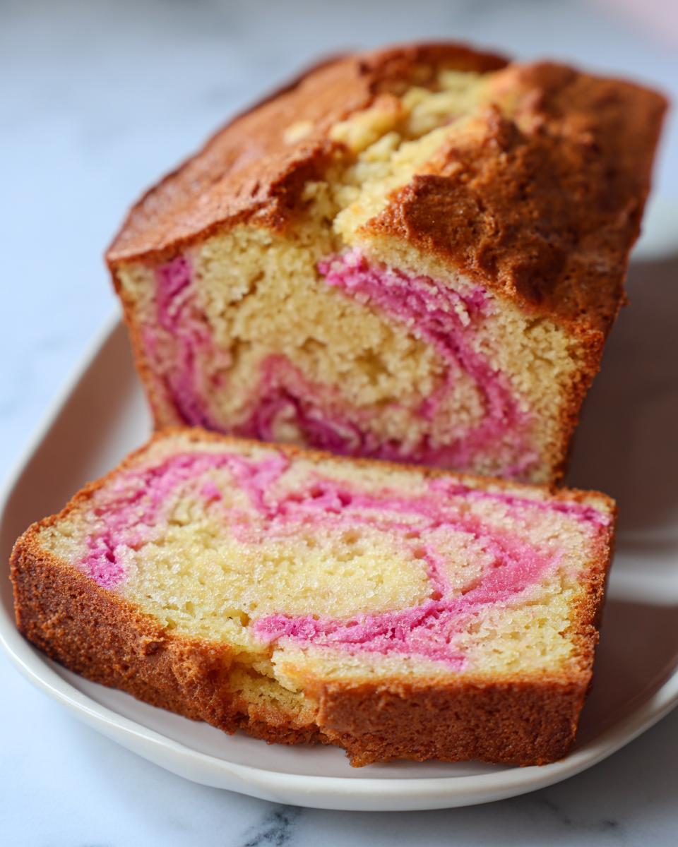 Tangy Sourdough Rhubarb Bread: Easy & Delicious 5 A slice of Sourdough Rhubarb Bread with vibrant pink swirls of rhubarb baked into a golden loaf.