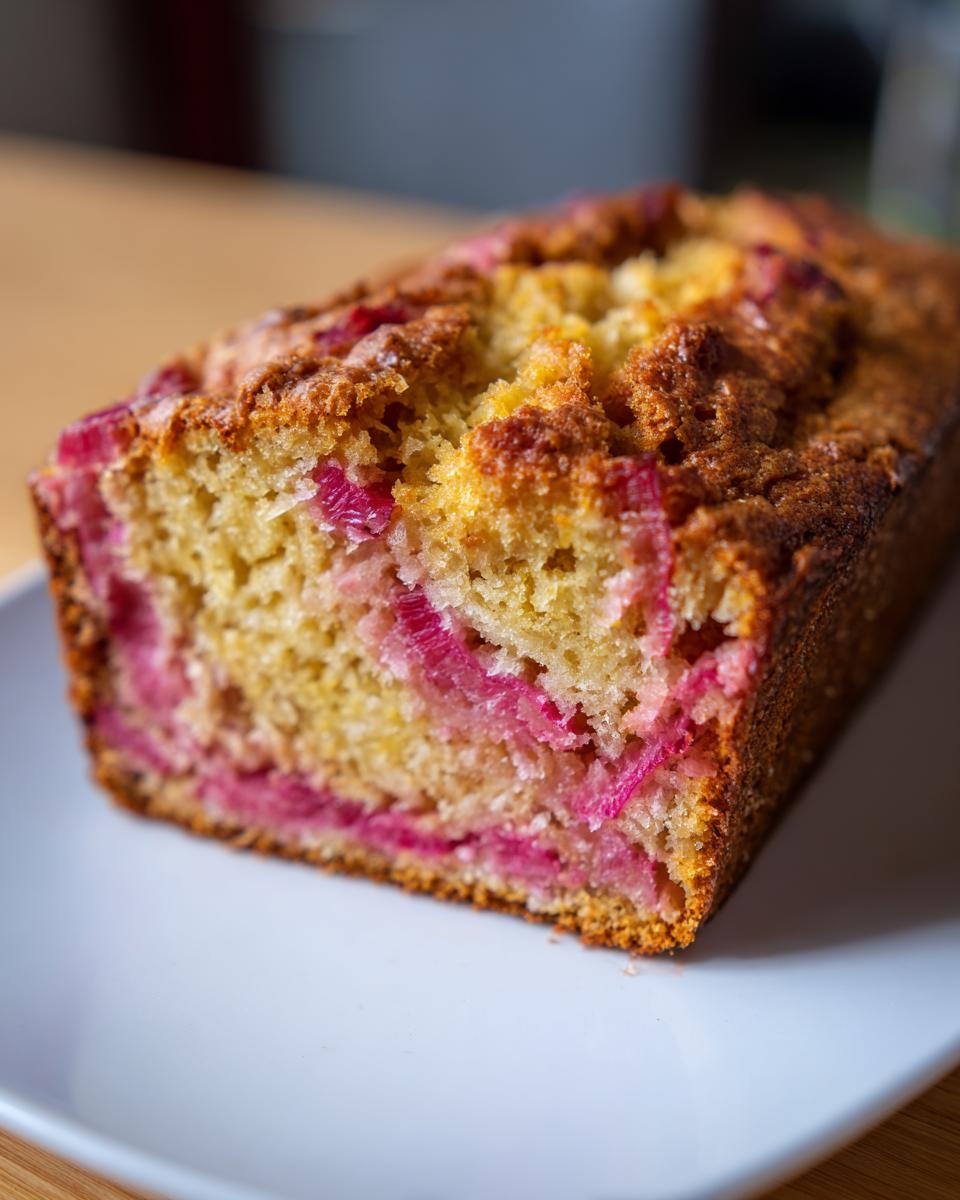 Tangy Sourdough Rhubarb Bread: Easy & Delicious 4 Close-up of a slice of Sourdough Rhubarb Bread, showing vibrant pink rhubarb pieces within the golden crumb.
