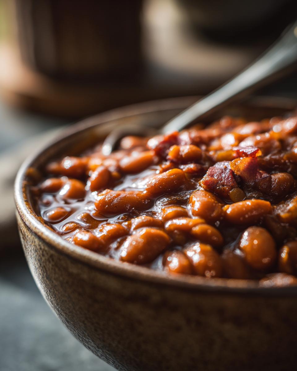 Southern Homemade Baked Beans: Summer Classic Perfection 5 Close-up of a bowl filled with Southern Homemade Baked Beans, featuring tender beans in a rich, glossy sauce with visible pieces of bacon.