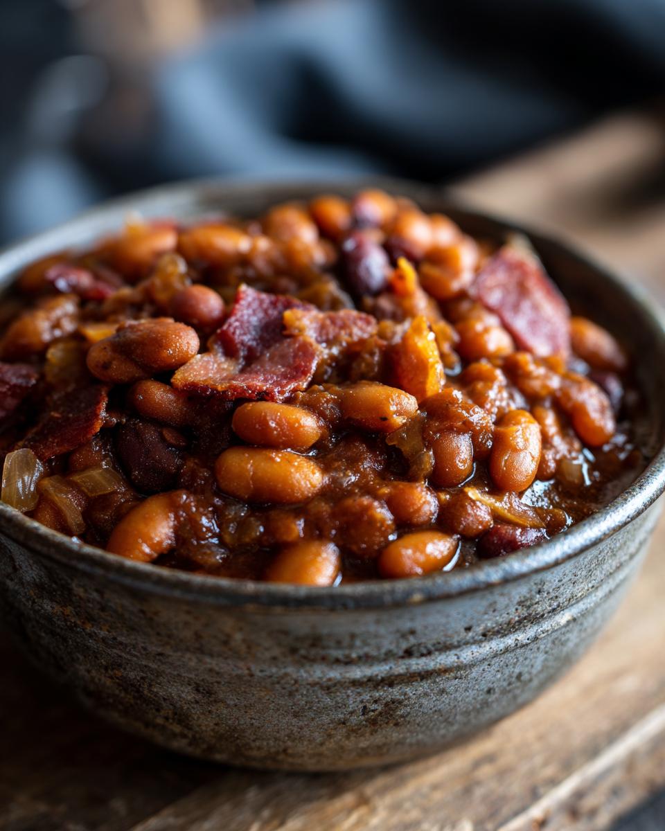 Southern Homemade Baked Beans: Summer Classic Perfection 4 Close-up of a rustic bowl filled with Southern Homemade Baked Beans, featuring tender beans, savory bacon, and a rich sauce.