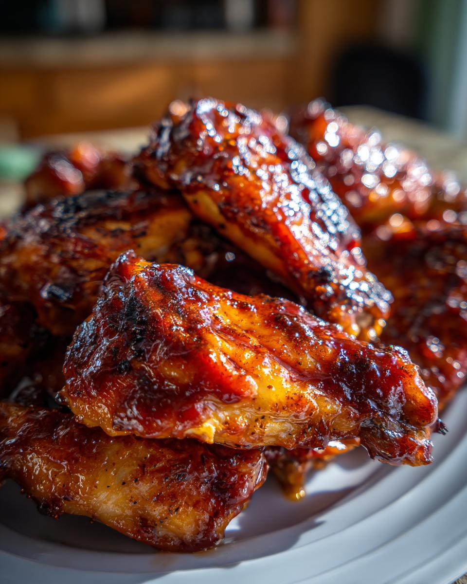Tempting Spiced Chicken Thighs Peach BBQ 4 Close-up of glistening Spiced Chicken Thighs with homemade Peach BBQ Sauce, piled on a white plate.