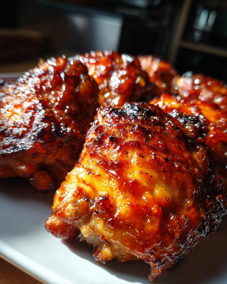 Tempting Spiced Chicken Thighs Peach BBQ 5 Close-up of glistening Spiced Chicken Thighs coated in a rich, homemade Peach BBQ Sauce.
