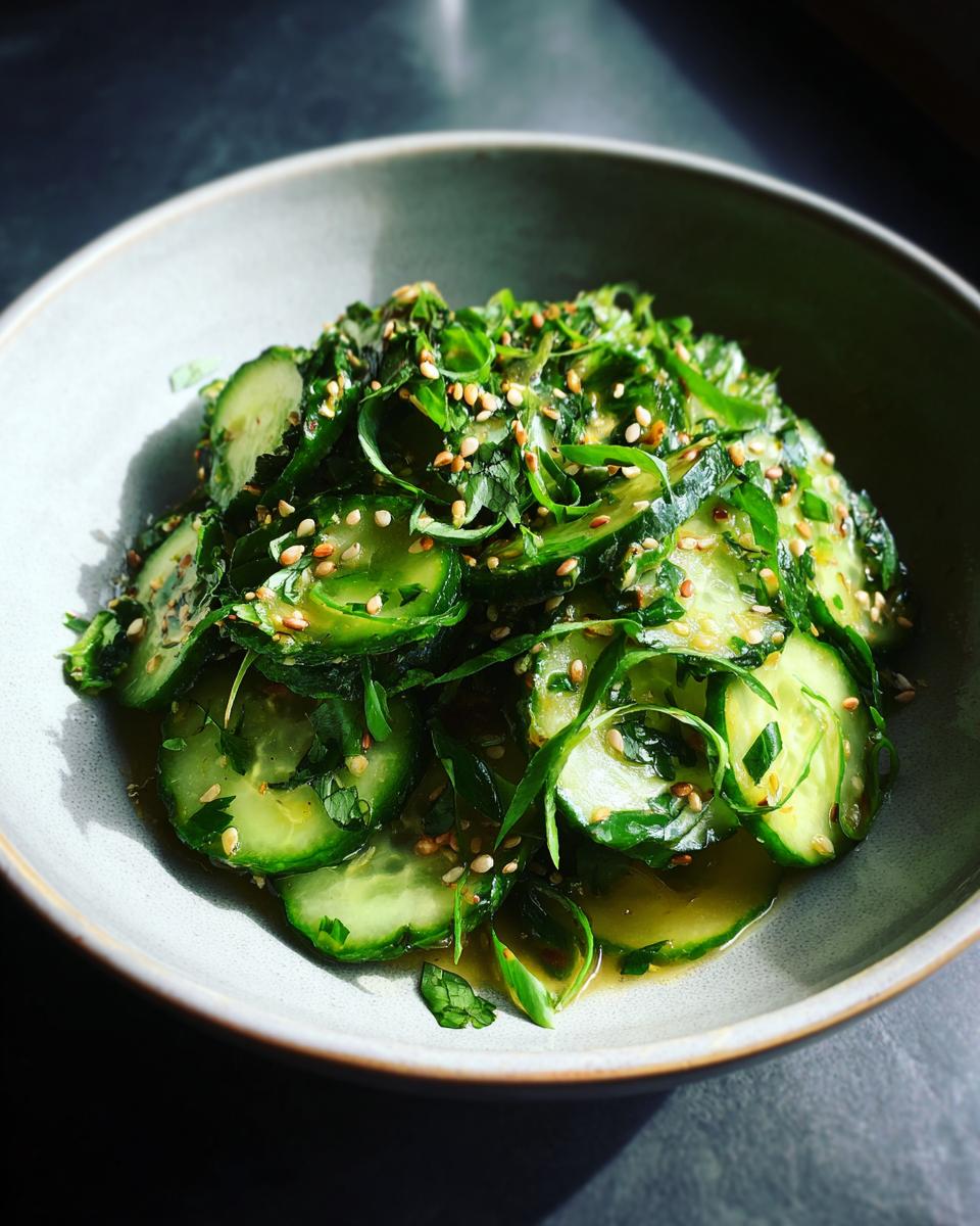 Spring Roll Cucumber Salad: Quick, Crisp Delight 4 Close-up of a bowl of Spring Roll Cucumber Salad, featuring thinly sliced cucumbers, fresh herbs, and sesame seeds.