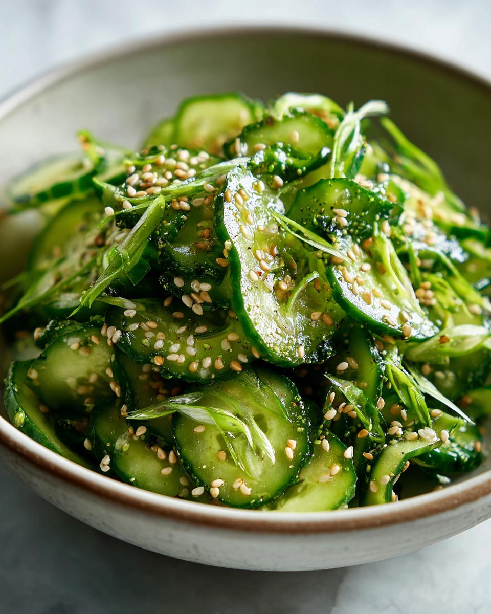 Spring Roll Cucumber Salad: Quick, Crisp Delight 5 A close-up of a bowl filled with Spring Roll Cucumber Salad, featuring thinly sliced cucumbers, sesame seeds, and green onions.