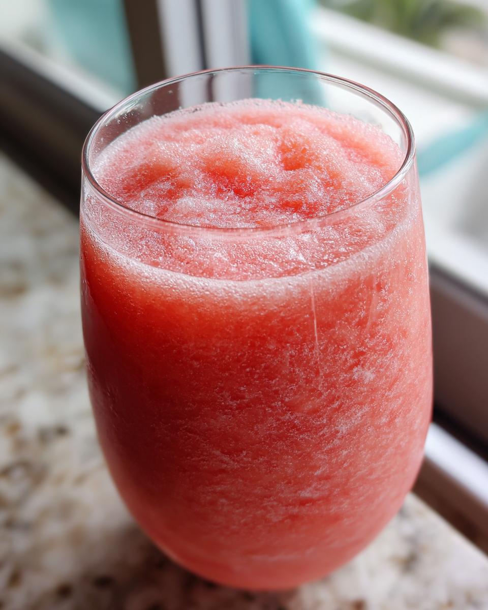 Scrumptious Strawberry Lemonade Slushie Delight 4 Close-up of a tall glass filled with a frosty Strawberry Lemonade Slushie, showcasing its vibrant pink color and icy texture.