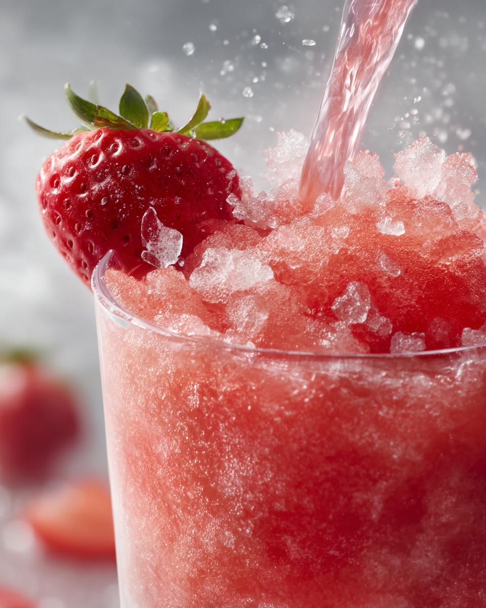 Scrumptious Strawberry Lemonade Slushie Delight 5 A close-up of a Strawberry Lemonade Slushie being poured into a glass, garnished with a fresh strawberry.