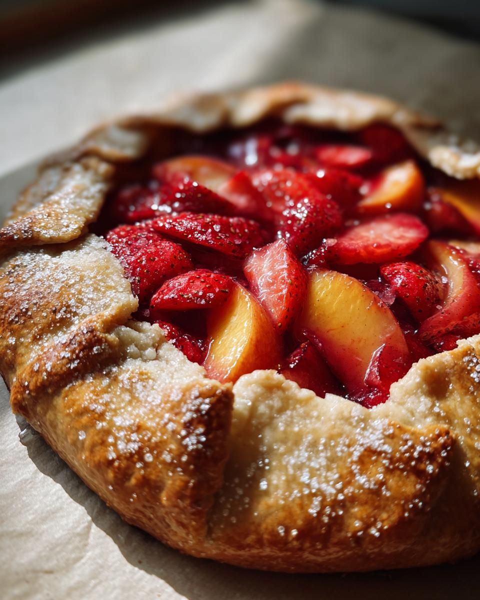 Rustic Summer Strawberry Peach Galette Bliss 4 Close-up of a rustic Strawberry Peach Galette, showcasing the golden-brown crust and juicy fruit filling.