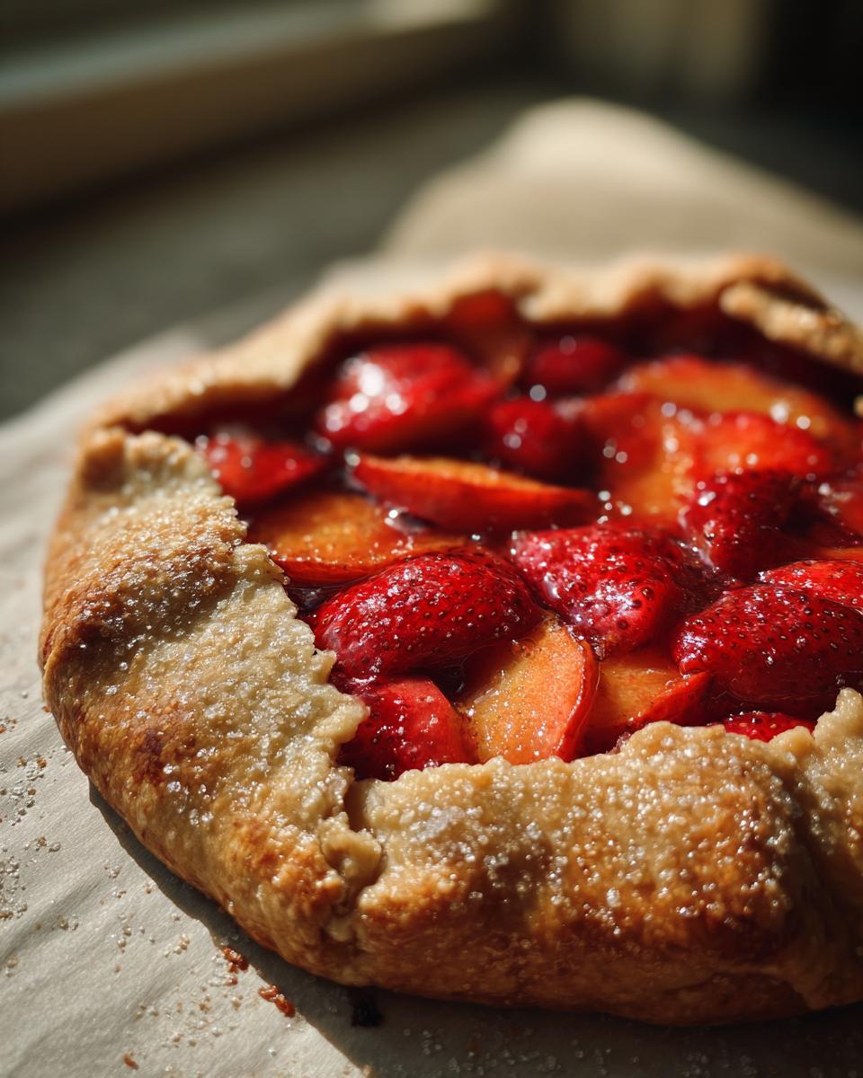 Rustic Summer Strawberry Peach Galette Bliss 5 Close-up of a rustic Strawberry Peach Galette, showcasing the golden crust and glistening fruit filling.