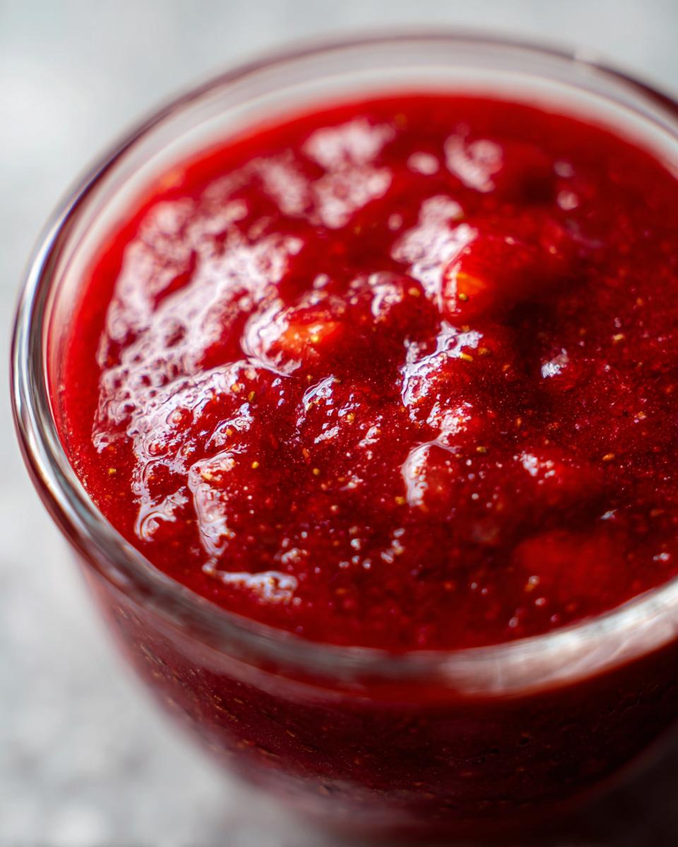 Strawberry Puree for Drinks: Blissful Summer Treat 4 Close-up of vibrant red strawberry puree in a glass, perfect for drinks and summer treats.