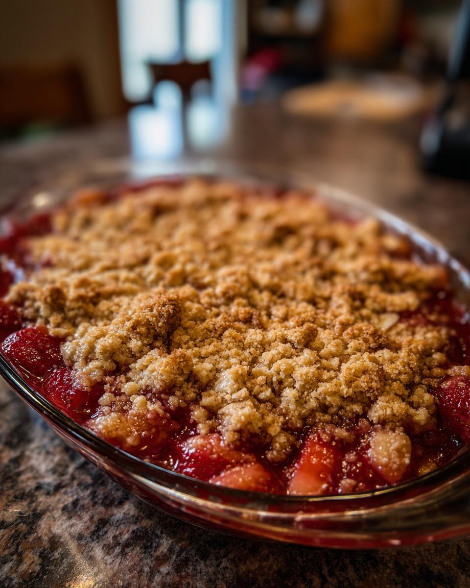 Irresistible Strawberry Rhubarb Crisp Gluten Free 5 A close-up shot of a freshly baked Strawberry Rhubarb Crisp Gluten Free in a glass baking dish, showing the golden crunchy topping and bubbling fruit.