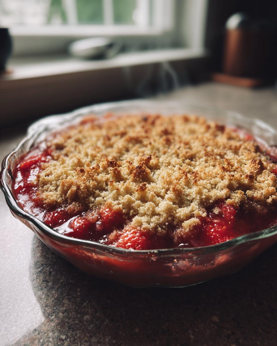Irresistible Strawberry Rhubarb Crisp Gluten Free 4 A freshly baked Strawberry Rhubarb Crisp Gluten Free in a glass dish, showcasing a golden, crunchy topping over bubbling fruit.
