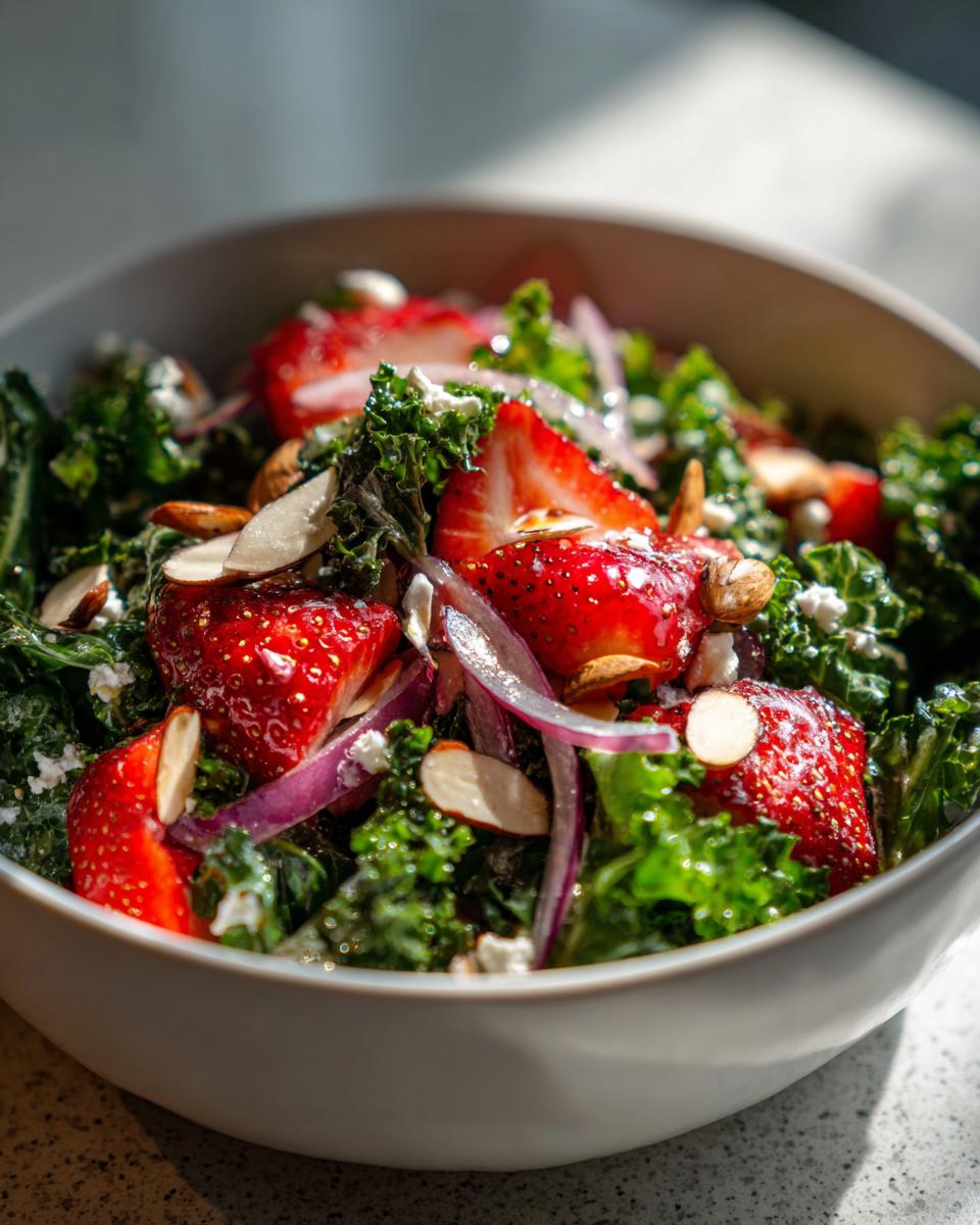 Summer Glow Strawberry Kale Salad: Pure Bliss 4 Close-up of a Summer Glow Strawberry Kale Salad with fresh strawberries, kale, red onion, almonds, and feta cheese.