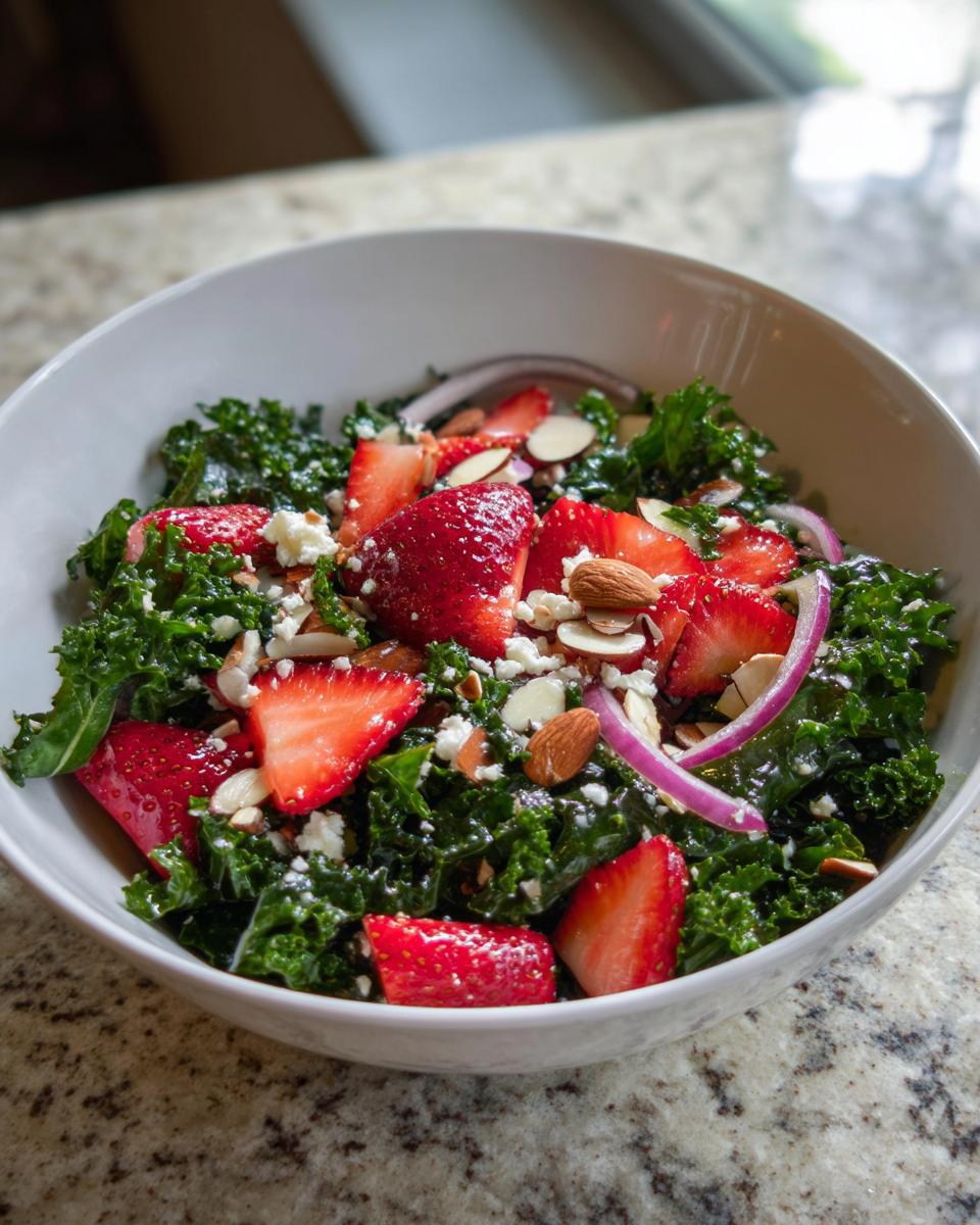 Summer Glow Strawberry Kale Salad: Pure Bliss 5 A refreshing Summer Glow Strawberry Kale Salad with sliced strawberries, crumbled feta, almonds, and red onion in a white bowl.