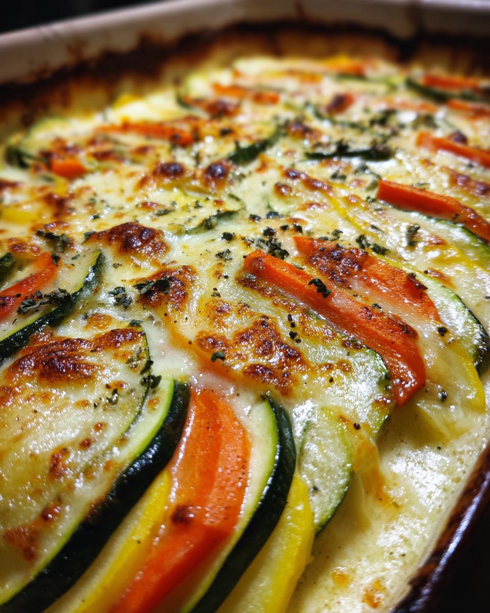 Vegetable Gratin: Comforting & Indulgent Delight 5 Close-up of a baked Vegetable Gratin with layers of zucchini, carrots, and cheese, bubbling and golden brown.