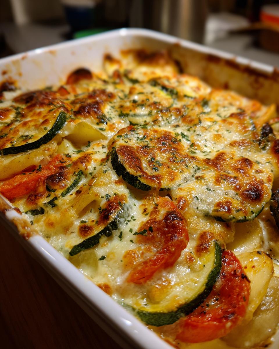 Vegetable Gratin: Comforting & Indulgent Delight 4 Close-up of a bubbling Vegetable Gratin with layers of zucchini, potatoes, and tomatoes, topped with melted cheese and herbs.
