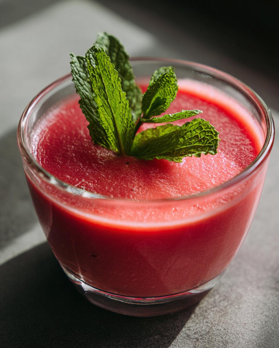 Watermelon Soup: Refreshingly Sweet Delight 4 A close-up of a glass filled with vibrant pink Watermelon Soup, garnished with fresh mint leaves.
