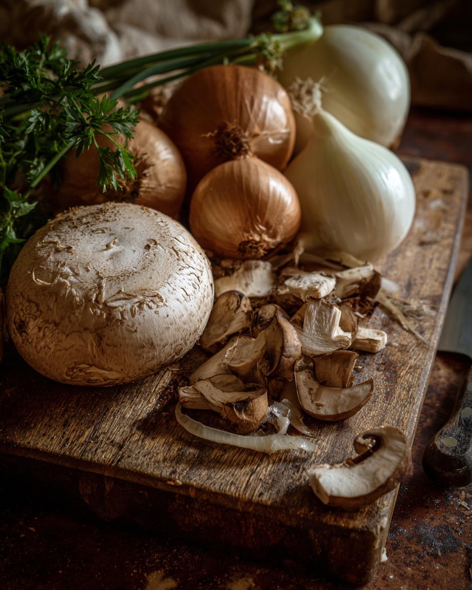 Zucchini with Mushrooms and Onions: 20 Min Flavor 4 Fresh ingredients for Zucchini with Mushrooms and Onions: portobello mushrooms, onions, parsley, and green onions on a wooden cutting board.